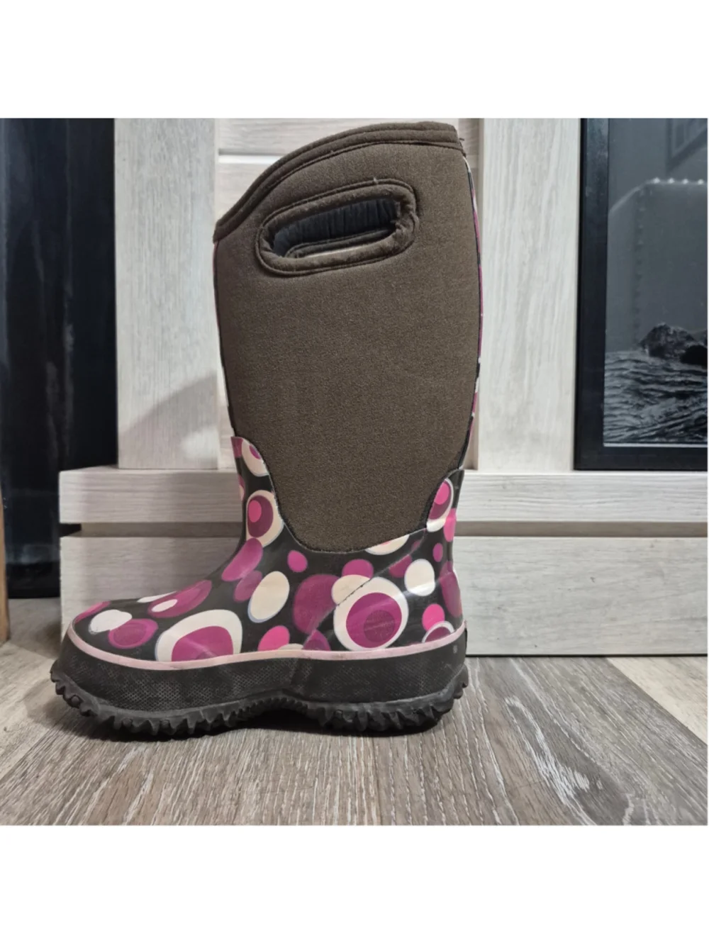 Girls Bogs Winter Boots Brown and Purple Polka Dot Pattern sz 10